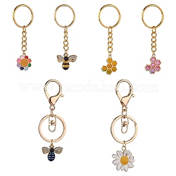 6Pcs Alloy Enamel Pendants Keychain, with Iron & 304 Stainless Steel & Alloy Findings, Bees & Flower & Sunflower & Honeycomb, Mixed Color, 7~9.6cm, 6pcs/set
