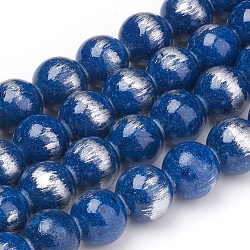Chapelets de perles de jade naturel, couleur argent brossé, teinte, ronde, bleu moyen, 8mm, Trou: 0.8mm, Environ 50 pcs/chapelet, 15.7 pouce (40 cm)
