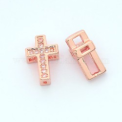 Micro cavo alla moda croce in ottone spianare perline cubic zirconia, cadmio & nichel &piombo libero, Vero oro rosa placcato, 11x7.5x5mm, Foro: 2x1~4x2 mm