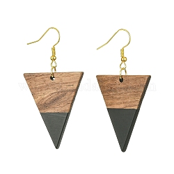 Resin & Walnut Wood Triangle Dangle Earrings, Golden Iron Long Drop Earrings, Black, 57x30.5mm