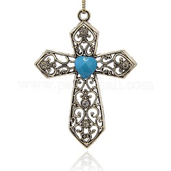 Antique Silver Plated Alloy Heart Resin Big Pendants, Cross Necklace Charms, Sky Blue, 92x68x6mm, Hole: 4mm