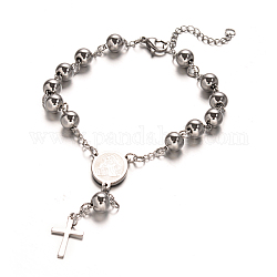 Rosenkranz Perlen Armbänder mit Kreuz, 201 Edelstahlarmband für Ostern, Oval mit Jungfrau Maria, Edelstahl Farbe, 9 Zoll (230 mm)