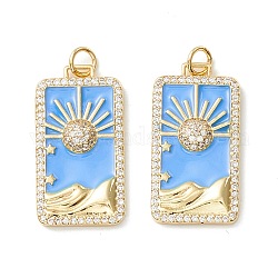 Rack Plating Brass Micro Pave Clear Cubic Zirconia Pendants, with Enamel, Cadmium Free & Nickel Free & Lead Free, Real 18K Gold Plated, Rectangle with Sun, Light Sky Blue, 27x14x3.5mm, Hole: 3.4mm