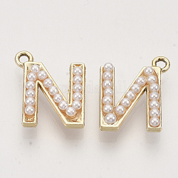 Ciondoli in lega ecologica, con perle di plastica imitazione perla in abs, oro chiaro, letter.n, 18x15x5mm, Foro: 1.8 mm