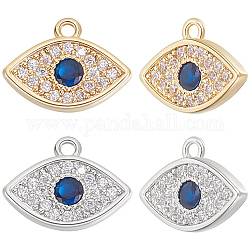 Beebeecraft 10Pcs 2 Colors Brass Micro Pave Clear & Marine Blue Cubic Zirconia Charms, Evil Eye Charm, Mixed Color, 8x10.5x1.5mm, Hole: 1mm, 5pcs/color