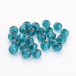 Perles en verre d'argent feuille manuelles, ronde, sarcelle, 7.5~8.5mm, Trou: 2mm