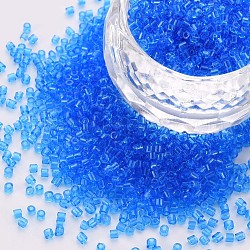 Perles cylindriques en verre transparent, Perles de rocaille, trou rond, Dodger bleu, 1.5~2x1~2mm, Trou: 0.8mm, environ 8000 pcs / sachet , environ 1 livre / sac
