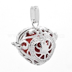 Heart Brass Cage Pendants, Chime Ball Pendants, with Brass Spray Painted Bell Beads, Platinum, Lead Free & Nickel Free & Cadmium Free, Red, 28x29.5x23mm, Hole: 7x3mm