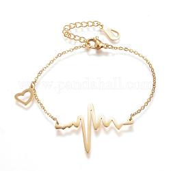 304 Stainless Steel Link & Charm Bracelets, Heartbeat, with Lobster Claw Clasps, Golden, 6-3/4 inch(170mm)
