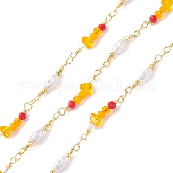 Chaînes à maillons en perles de verre en laiton avec perles d'imitation ABS, non soudée, avec bobine, or, orange, 19.5~24.5x4.5~6x4~6mm