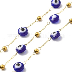 Placage ionique (ip) 316 chaînes de trombones en acier inoxydable chirurgical, avec perle de verre mauvais œil, soudé, véritable 18k plaqué or, avec bobine, bleu, lien: 3x1x0.3 mm
