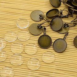 Латунные компоненты серьги-обруча и плоские круглые прозрачные стеклянные кабошоны, без никеля , античная бронза, серьги: 33.5x14.5 mm, Стекло: 18x4 мм