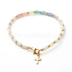 Bracelet de perles de graines de verre pour fille femme, bracelet avec breloque petite croix, or, blanc, 7-1/2 pouce (19 cm)