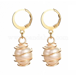 Natural Freshwater Pearl Leverback Earrings for Women, Copper Wire Wrapped Oval Charm Dangle Earrings, White, 33mm, Pin: 1mm
