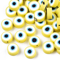 Abalorios de arcilla polimérica hechos a mano, plano y redondo con mal de ojo, amarillo, 9~10x3.5~4.5mm, agujero: 1.5 mm