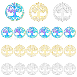 Dicosmetic 18 Uds. Colgantes de árbol de la vida de 3 colores planos redondos con dijes de árbol amuletos huecos de buena suerte adornos de metal grabados colgante de metal dorado y arcoíris para hacer joyas, agujero: 1.4 mm