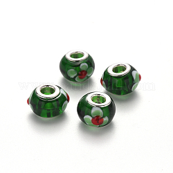 Handmade Lampwork European Beads, Large Hole Rondelle Beads, with Platinum Tone Brass Double Cores, Green, 17x14~15x9~10mm, Hole: 5mm