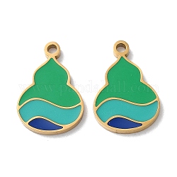 Ion Plating(IP) 304 Stainless Steel Pendants, with Enamel, Gourd Charm, Golden, Green, 17x11.5x1.5mm, Hole: 1.6mm
