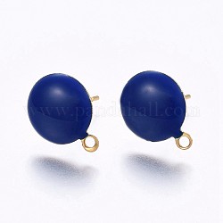 Ion Plating(IP) 304 Stainless Steel Stud Earring Findings, with Loop, Enamel, Flat Round, Golden, Blue, 12.5x10x2mm, Hole: 1.2mm, Pin: 0.8mm, 100pc/bag