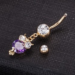 Piercing Jewelry, Brass Cubic Zirconia Navel Ring, Belly Rings, with 304 Stainless Steel Bar, Cadmium Free & Lead Free, Real 18K Gold Plated, Owl, Purple, 40x9mm, Bar Length: 3/8
