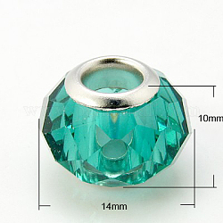 Glasperlen europäischen, Großloch perlen, mit Messing-Doppelkerne, facettiert, Rondell, hell meergrün, 14x10 mm