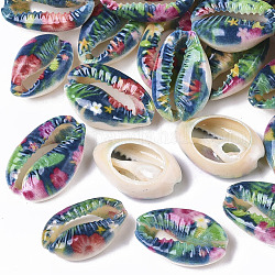 Perles de coquillage cauri naturelles imprimées, pas de trous / non percés, avec motif de fleurs, verte, 18~25x12~15x7mm