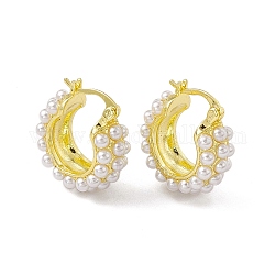 Rack Plating Brass Hoop Earrings for Women, with White Plastic Pearl, Long-Lasting Plated, Lead Free & Cadmium Free, Donut, Real 18K Gold Plated, 22.5x21.5x8.5mm, Pin: 1.3mm