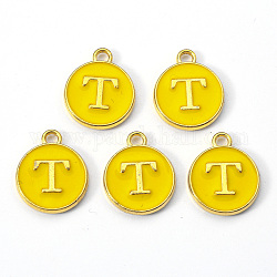 Breloques en émail d'alliage plaqué or, paillettes émaillées, plat rond avec la lettre, or, letter.t, 14x12x2mm, Trou: 1.5mm