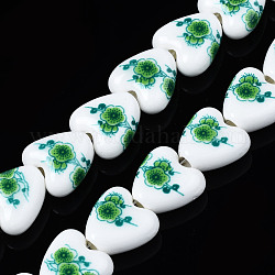 Handgemachte Porzellan-Keramik-Perlenstränge, Blume gedruckt, Herz, grün, 15x15x7 mm, Bohrung: 3 mm, ca. 23 Stk. / Strang, 12.8 Zoll (32.5 cm)
