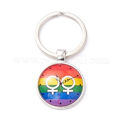 Porte-clés en verre de style fierté, avec les accessoires en alliage de platine plaqués, plat rond, symbole de genre, 6.2 cm
