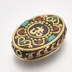 Manuell Indonesiene Perlen, mit Messing-Zubehör, oval mit Om-Symbol, golden, Farbig, 30x22x8 mm, Bohrung: 2 mm