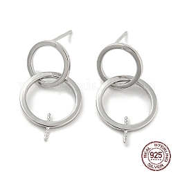 Rhodium Plated Double Rings 925 Sterling Silver Dangle Stud Earring Findings, for Half Drilled Beads, with S925 Stamp, Real Platinum Plated, 22x10mm, Pin: 10.5x0.7mm and 0.7mm
