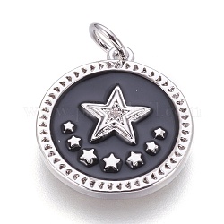Pendentifs pentacle en émail laiton, avec zircons, plat et circulaire avec étoile, noir, platine, 18x16x2mm, Trou: 3.5mm