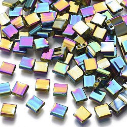 Plaquent Rocailles, 2-trou, rectangle, multi-couleur plaquée, 5x4.5~5.5x2~2.5mm, Trou: 0.5~0.8mm
