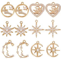 SUNNYCLUE 12Pcs 6 Style Brass Micro Pave Cubic Zirconia Pendants, Light Gold, Long-Lasting Plated, Cadmium Free & Lead Free, Star & Moon Charm, Clear, 17~21x13.5~18x2~4mm, Hole: 1~1.6mm, 2pcs/style