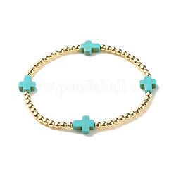 Bracelet extensible en perles rondes en hématite synthétique avec croix turquoise synthétique (teinte), bijoux en pierres précieuses pour femmes, turquoise (teint), diamètre intérieur: 2-1/4 pouce (5.8 cm)