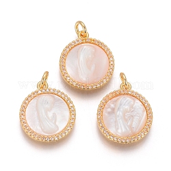 Brass Pendants, with Micro Pave Cubic Zirconia, Shell and Jump Rings, Flat Round with Virgin Mary, Clear, Golden, 18x15x3mm, Hole: 3mm