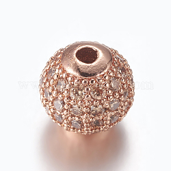 Brass Micro Pave Cubic Zirconia Beads, Round, Rose Gold, PeachPuff, 8mm, Hole: 1.5mm