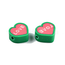 Handmade Polymer Clay Beads, Heart with Word Love, Tomato, 9~9.5x10~11x4~5mm, Hole: 1.5~1.8mm