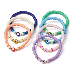 Ensemble de bracelets extensibles pour surfeur heishi en argile polymère, 7 couleurs, 7 pièce, bracelets empilables au chalumeau mauvais œil, couleur mixte, diamètre intérieur: 2-1/4 pouce (5.6 cm), 1 pc / couleur
