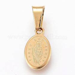 304 Stainless Steel Religion Pendants, Oval with Saint Jude, Golden, 13.5x8x1.2mm, Hole: 4x7mm