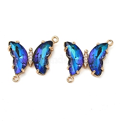 Brass Pave Faceted Glass Connector Charms, Golden Tone Butterfly Links, Medium Blue, 20x22x5mm, Hole: 1.2mm