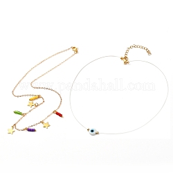 Brass Cable Chains Pendant Necklaces Sets, with Nylon Wire, 304 Stainless Steel Findings and Glass Seed Beads & Evil Eye Lampwork Pendants, White, 15.94 inch(40.5cm), 13.58 inch(34.5cm), 2pcs/set