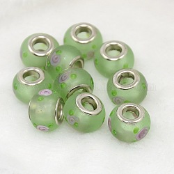 Flower Printed Handmade Lampwork European Beads, with Platinum Tone Brass Double Cores, Rondelle, Pale Green, 13~14x10mm, Hole: 4.2mm