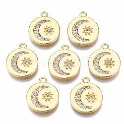 Brass Micro Pave Clear Cubic Zirconia Charms, Nickel Free, Flat Round with Moon & Sun, Real 18K Gold Plated, 14x12x1.5mm, Hole: 1.4mm