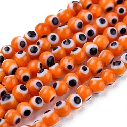 Chapelets de perle rondes au mauvais œil manuelles, orange, 4mm, Trou: 1mm, Environ 100 pcs/chapelet, 14.56 pouce
