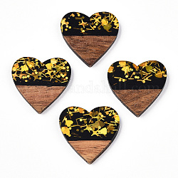 Ciondoli in resina opaca e legno di noce, ciondoli a cuore con paillettes, nero, 24x25x3.5~4mm, Foro: 2 mm