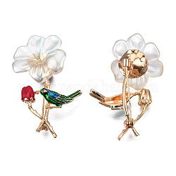 Pin esmaltado flor con pájaro con perla de plástico abs, insignia de aleación chapada en oro claro para ropa de mochila,  sin plomo níquel, colorido, 55x37mm, pin: 0.7 mm