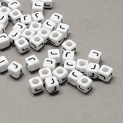 Perline europee di grandi dimensioni in acrilico, foro orizzontale, bianco & nero, cubo con lettera, letter.j, 8x8x8mm, Foro: 4 mm, circa 1144pcs/500g