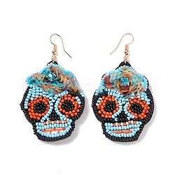 Grandes boucles d'oreilles pendantes tressées en graines de verre tête de mort halloween, 316 bijoux enveloppés en acier inoxydable pour femmes, bleu ciel, 70mm, pin: 0.6 mm